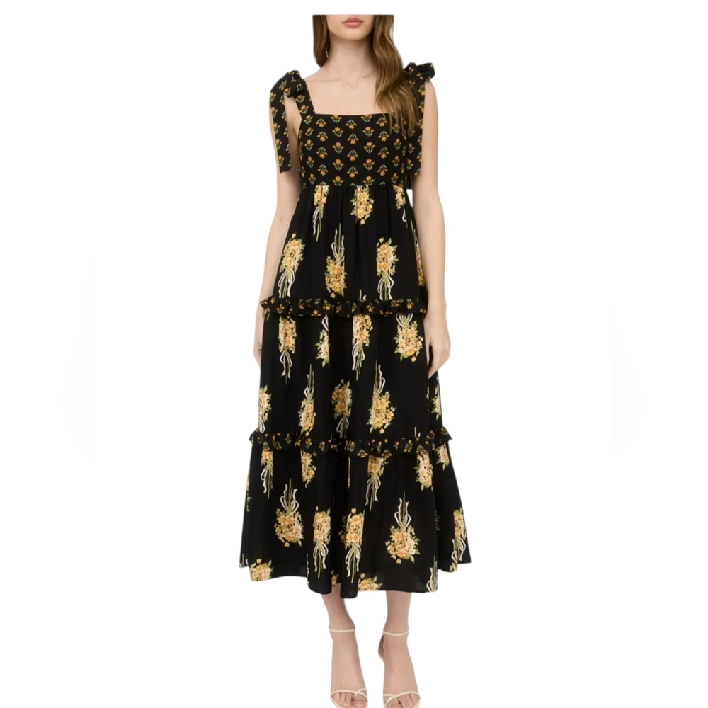 AUGUST SKY Floral Bow Strap Maxi  Summer Dress... Size Large